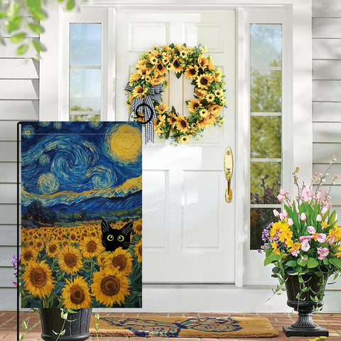 BLKWHT Summer Sunflower Cat close-up of sunflowers and cat motif highlighting vibrant colors for porch charm.