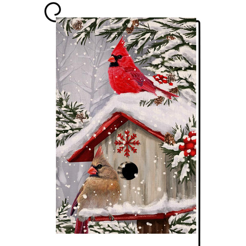 BLKWHT Winter Cardinal Garden Flag 12x18 on burlap adds seasonal curb appeal.