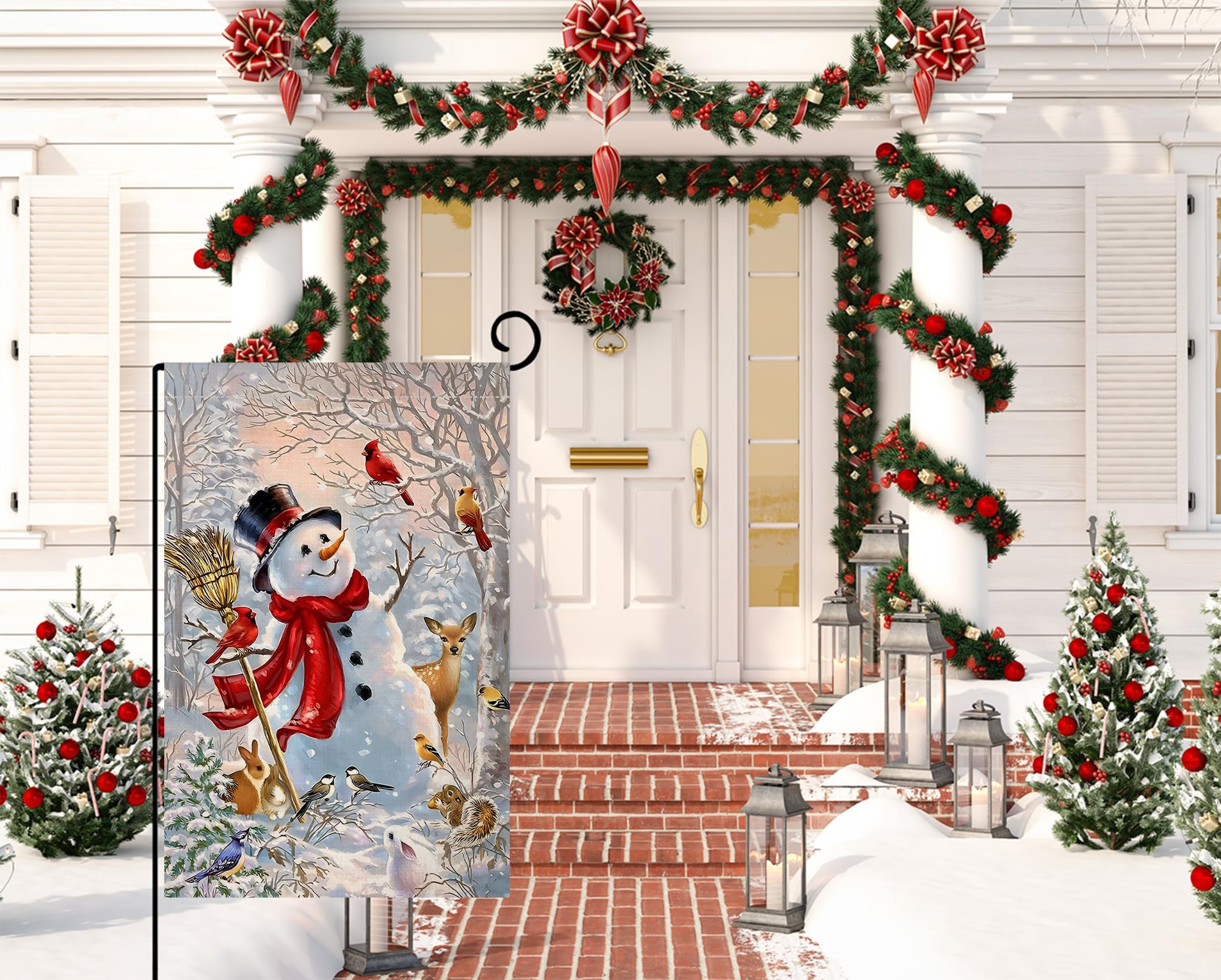 BLKWHT Winter Snowman flag back view shows double-sided design for visible decoration.