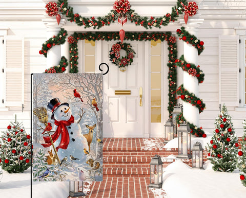 BLKWHT Winter Snowman flag back view shows double-sided design for visible decoration.
