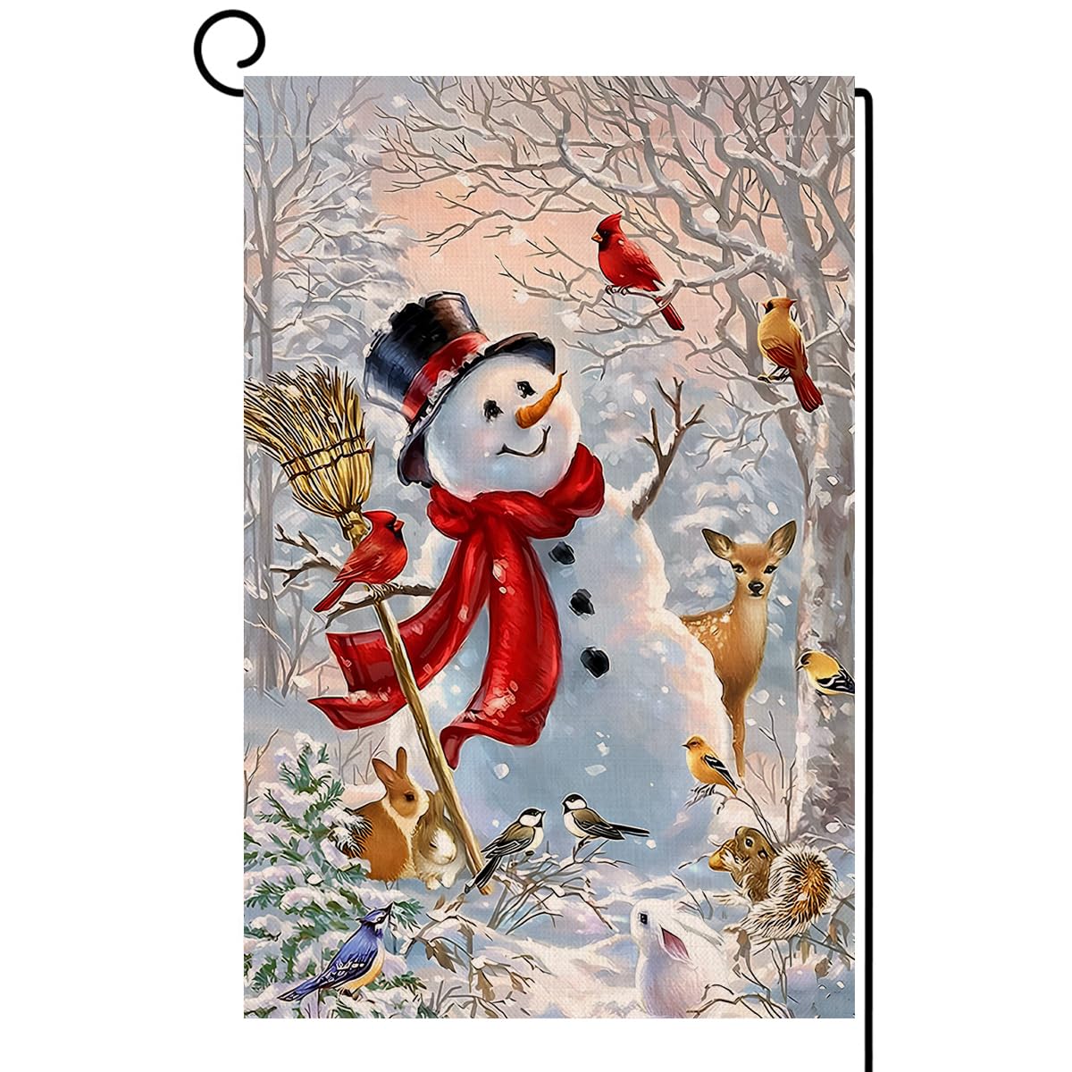 BLKWHT Winter Snowman flag front view on burlap, weather resistant outdoor decoration.