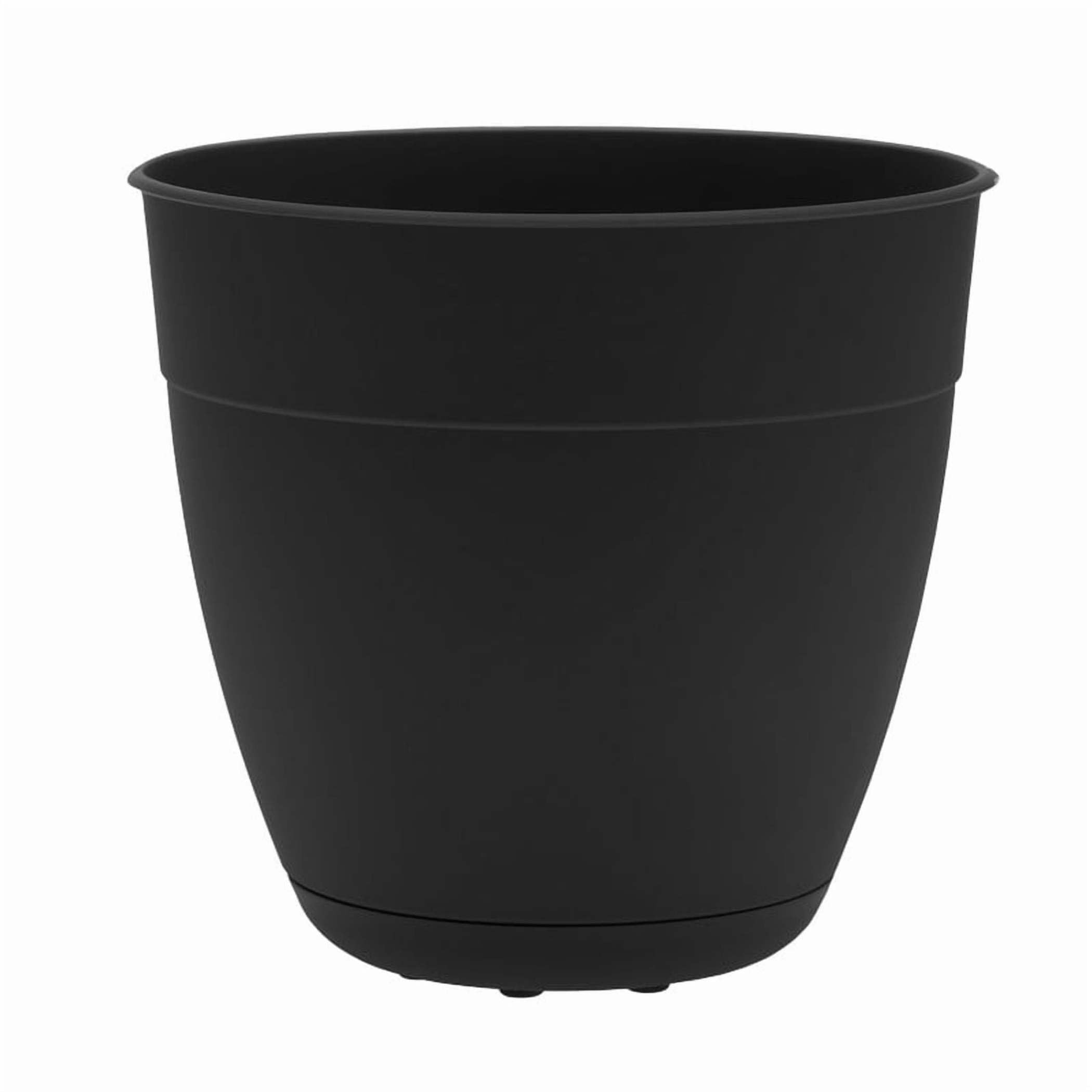 Bloem Dayton 12-inch black planter with saucer, ideal for clean indoor or outdoor setup.