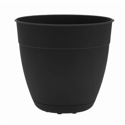Bloem Dayton 12-inch black planter with saucer, ideal for clean indoor or outdoor setup.