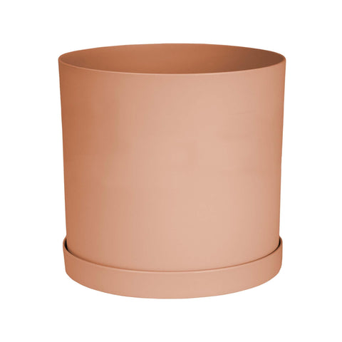 Bloem Mathers 10in muted terra cotta round planter with drainage holes, indoor or outdoor use