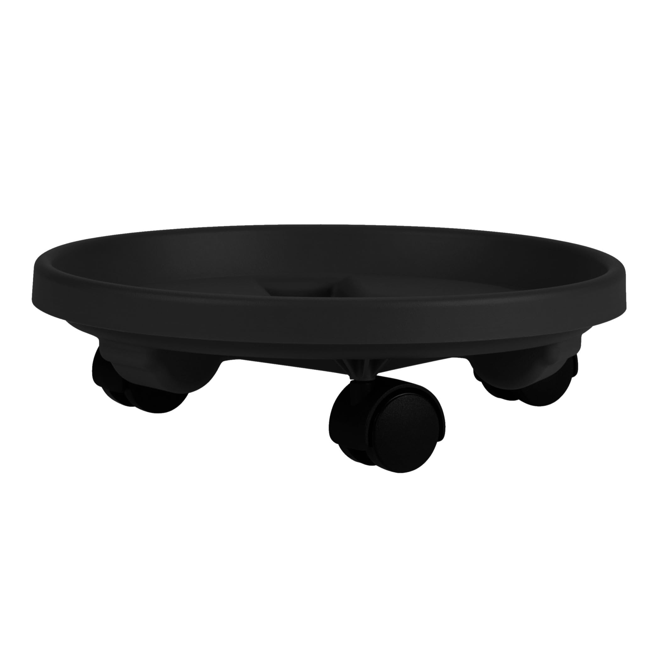 Bloem round planter caddy with wheels, 14-inch front view, smooth glide for heavy pots indoors.