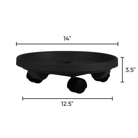 Bloem round planter caddy with wheels, 14-inch use indoors and outdoors, all-weather durability.