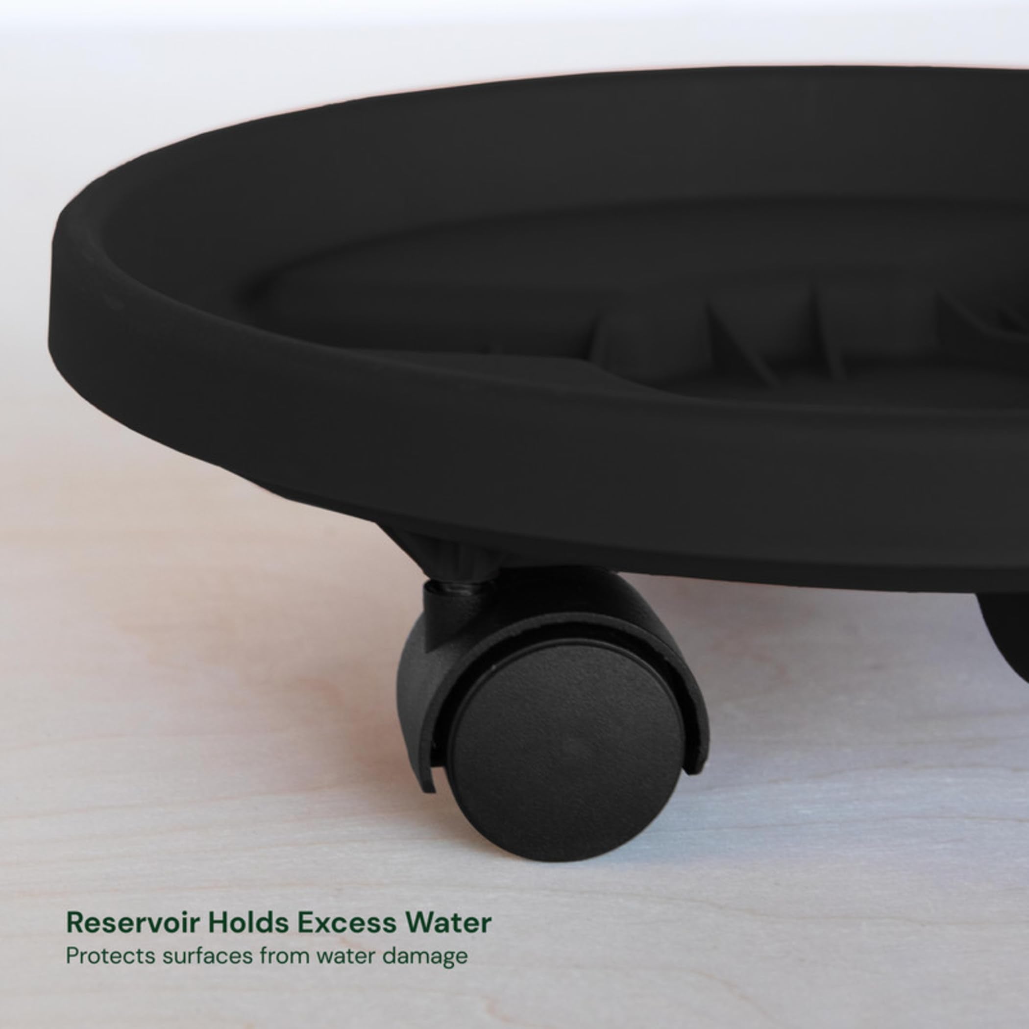Bloem round planter caddy with wheels, 14-inch side view, easy mobility on floors.