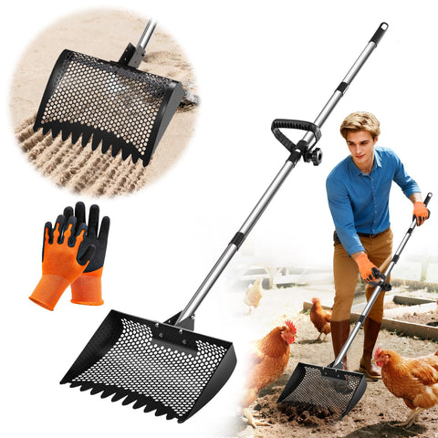 Bloksin 12-inch chicken poop scooper and rake in action for efficient coop cleanup.