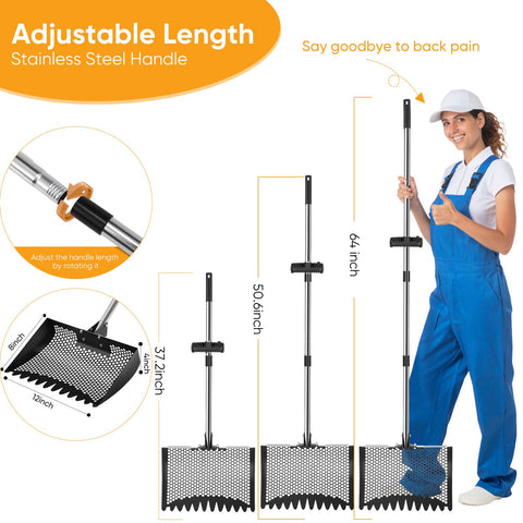 Bloksin adjustable-length handle at 37-64 inches reduces back strain.