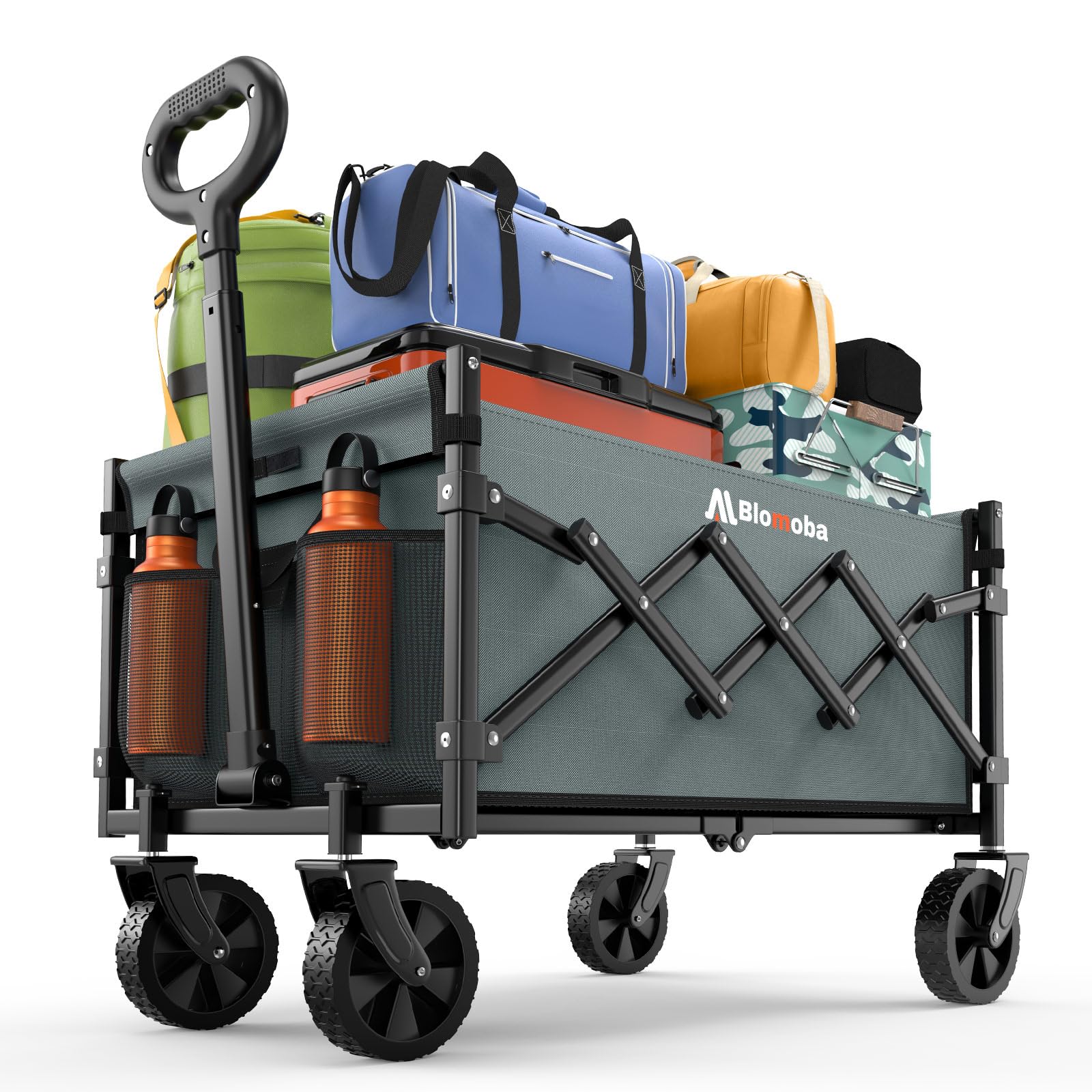 Blomoba collapsible wagon with 220lbs capacity, ready for tents, gear, and groceries.