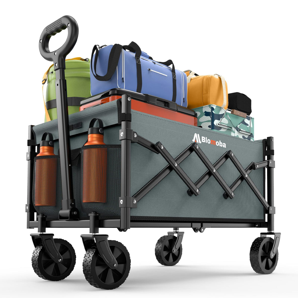 Blomoba collapsible wagon with 220lbs capacity, ready for tents, gear, and groceries.