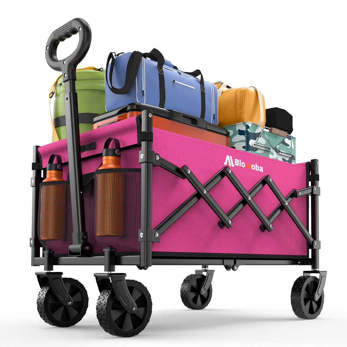 Blomoba collapsible wagon with 360° wheels for smooth transport on sand or trails