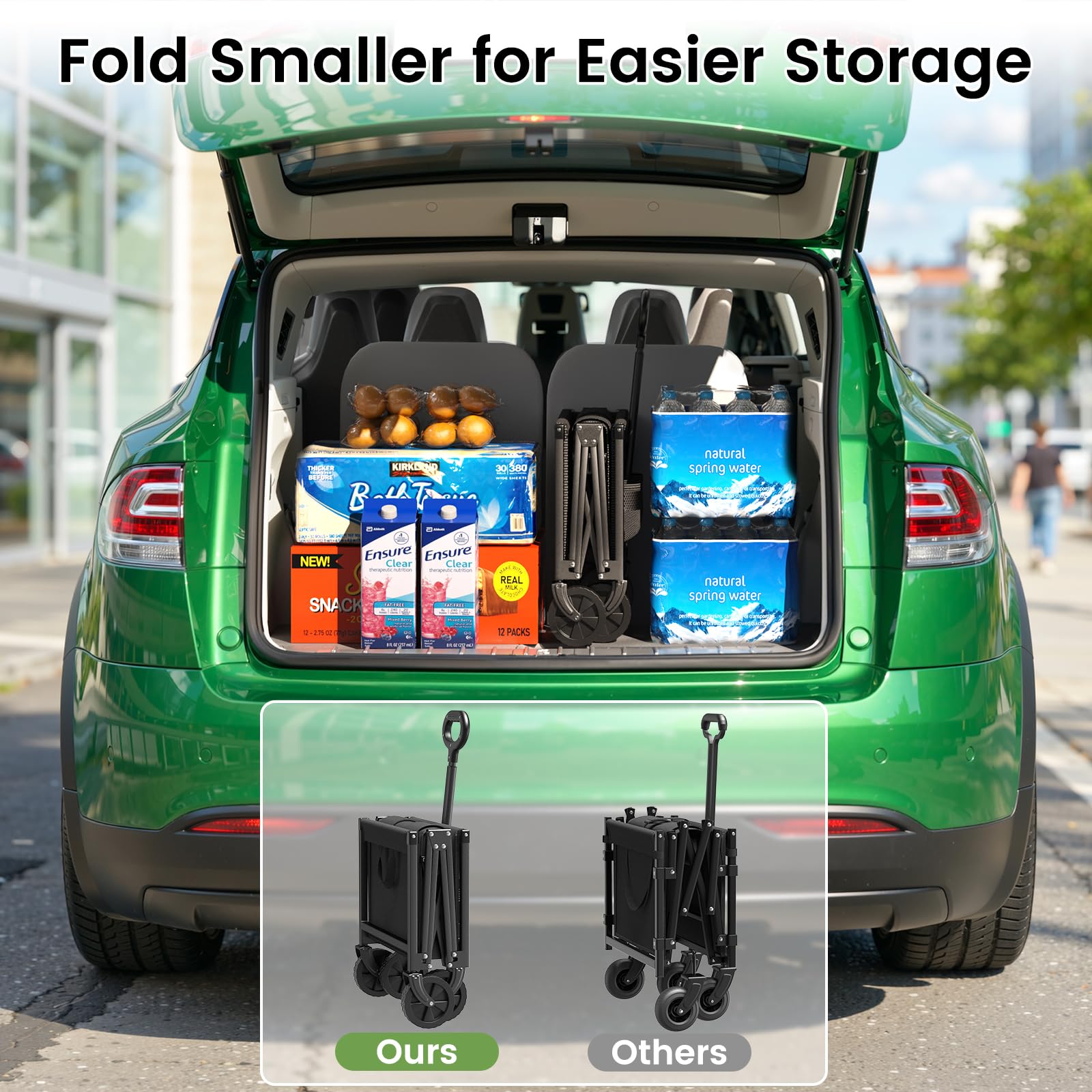 Blomoba collapsible wagon shows unfolded dimensions for spacious loading area.