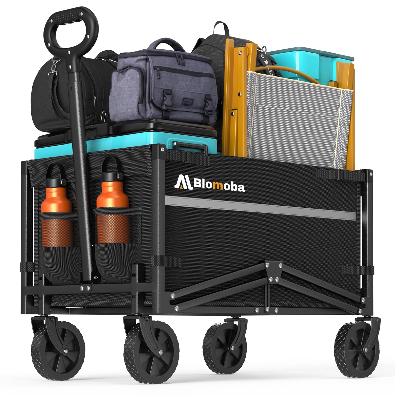 Blomoba collapsible wagon with all-terrain wheels for smooth outdoor movement across grass and sand.