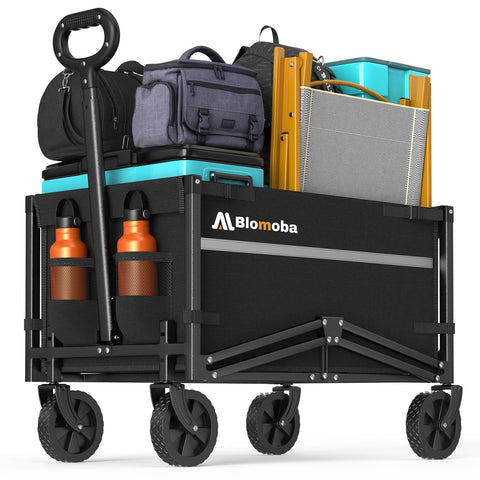 Blomoba collapsible wagon with all-terrain wheels for smooth outdoor movement across grass and sand.