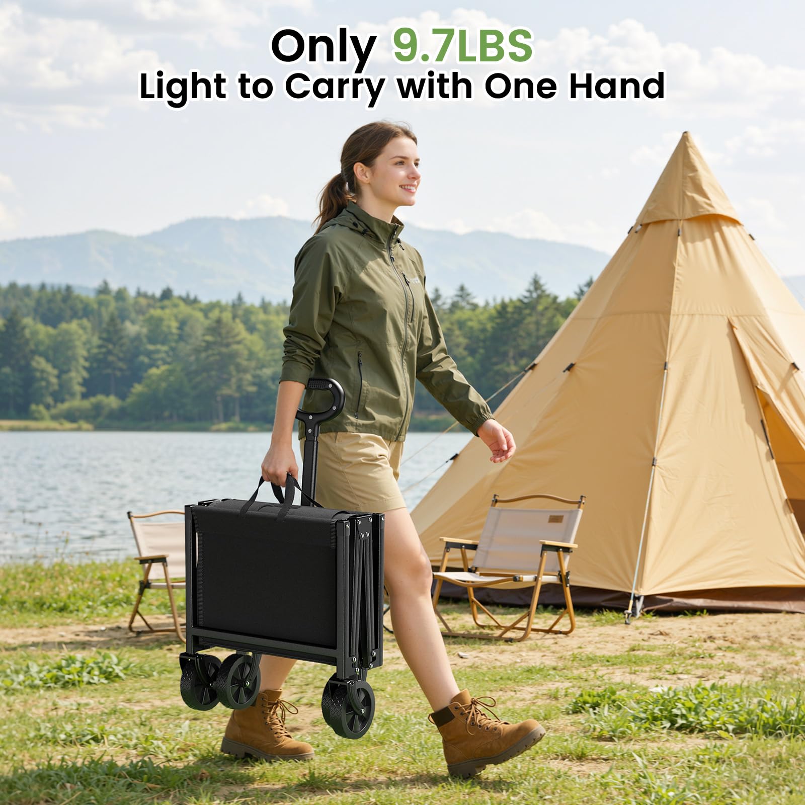 Blomoba wagon offers 100L capacity to fit tents, sleeping bags, and coolers.