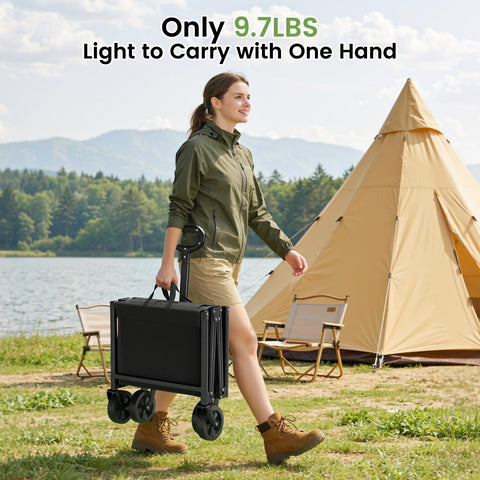 Blomoba wagon offers 100L capacity to fit tents, sleeping bags, and coolers.