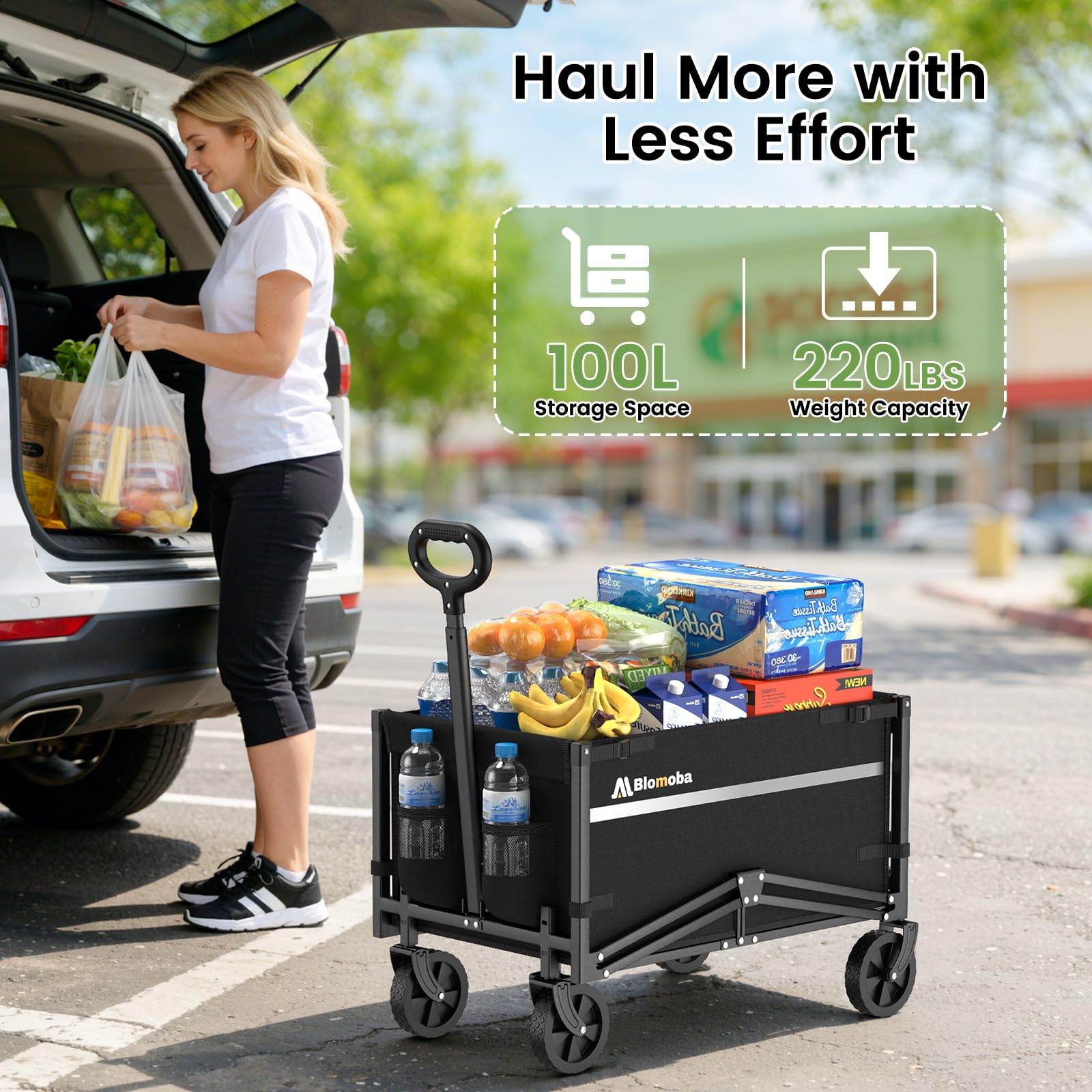 Blomoba collapsible wagon cart features a flexible, height-adjustable handle for comfortable pulling.