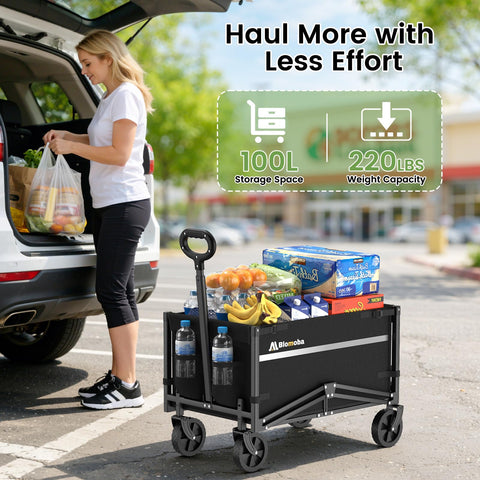Blomoba collapsible wagon cart features a flexible, height-adjustable handle for comfortable pulling.
