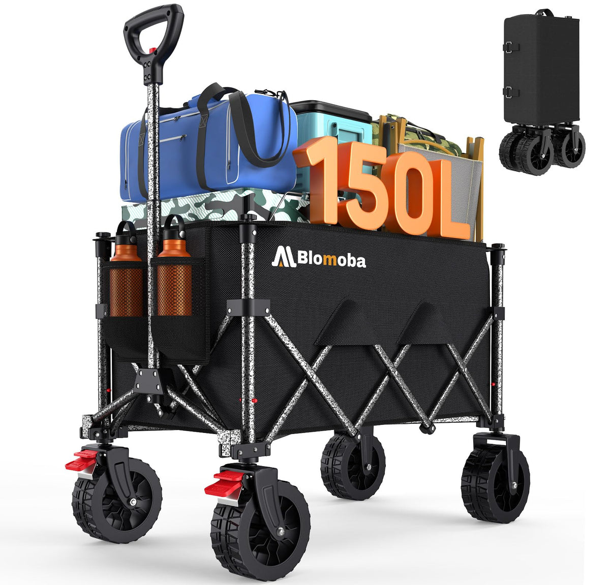 Blomoba collapsible wagon cart folded for compact storage.