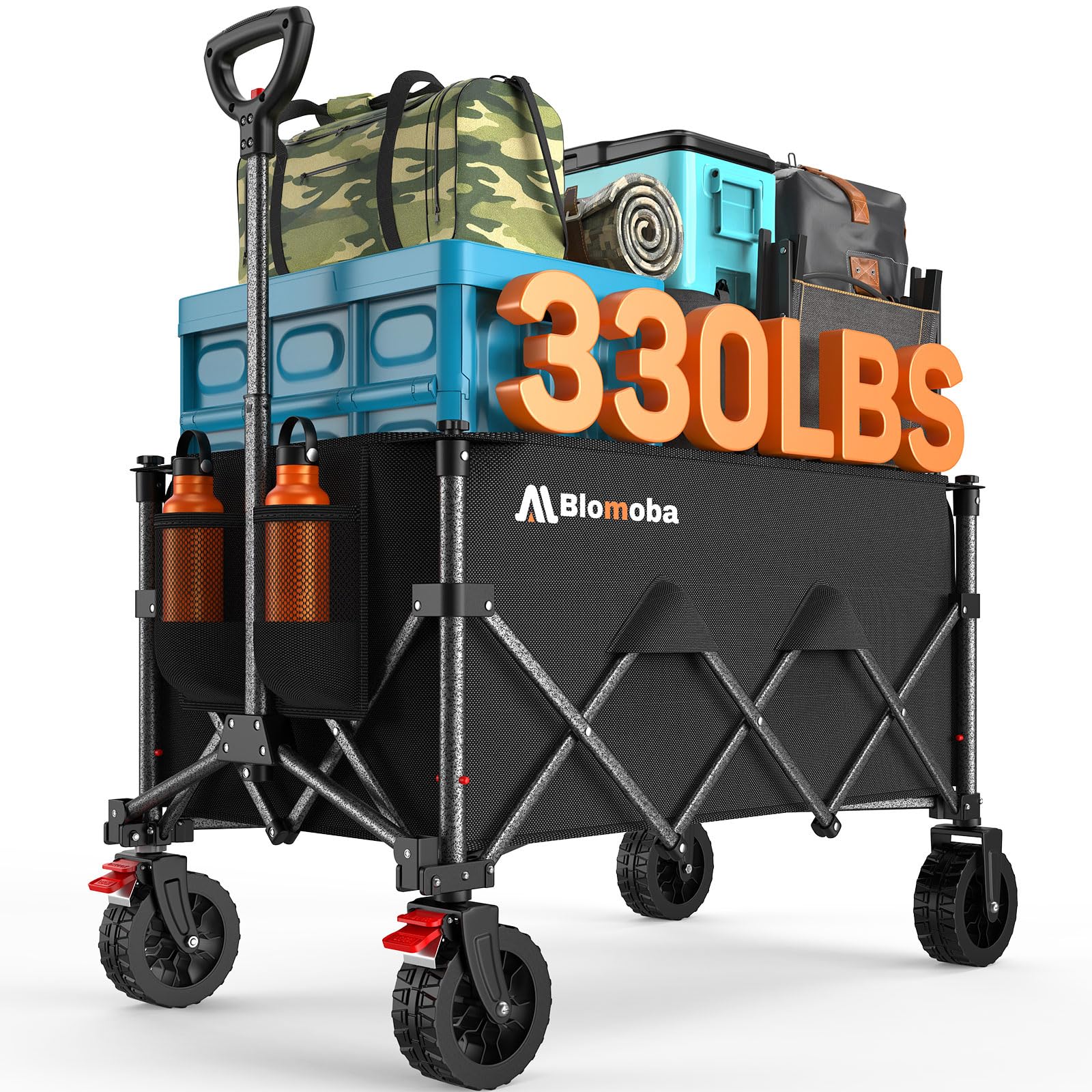 Blomoba folding wagon showing 180L capacity for family camping gear.