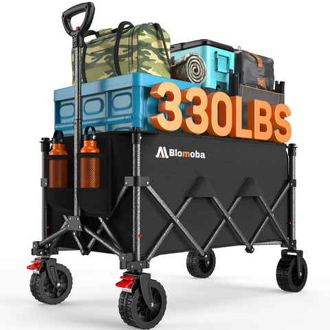 Blomoba folding wagon showing 180L capacity for family camping gear.
