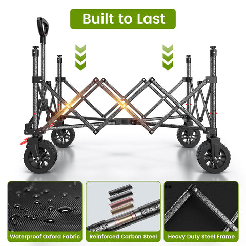 Blomoba wagon with all-terrain wheels gliding on grass and gravel.