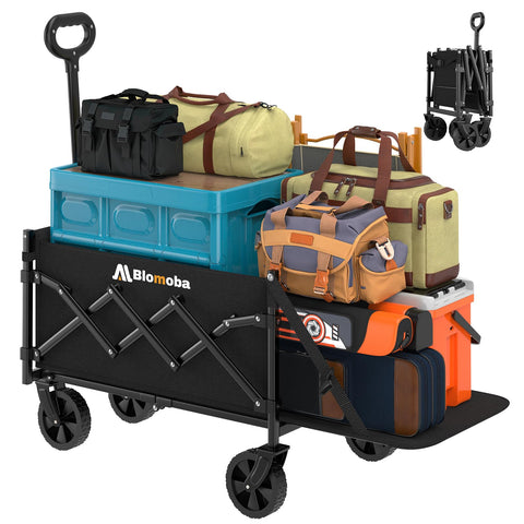 Blomoba folding wagon with all-terrain wheels for easy hauling on grass or sand.