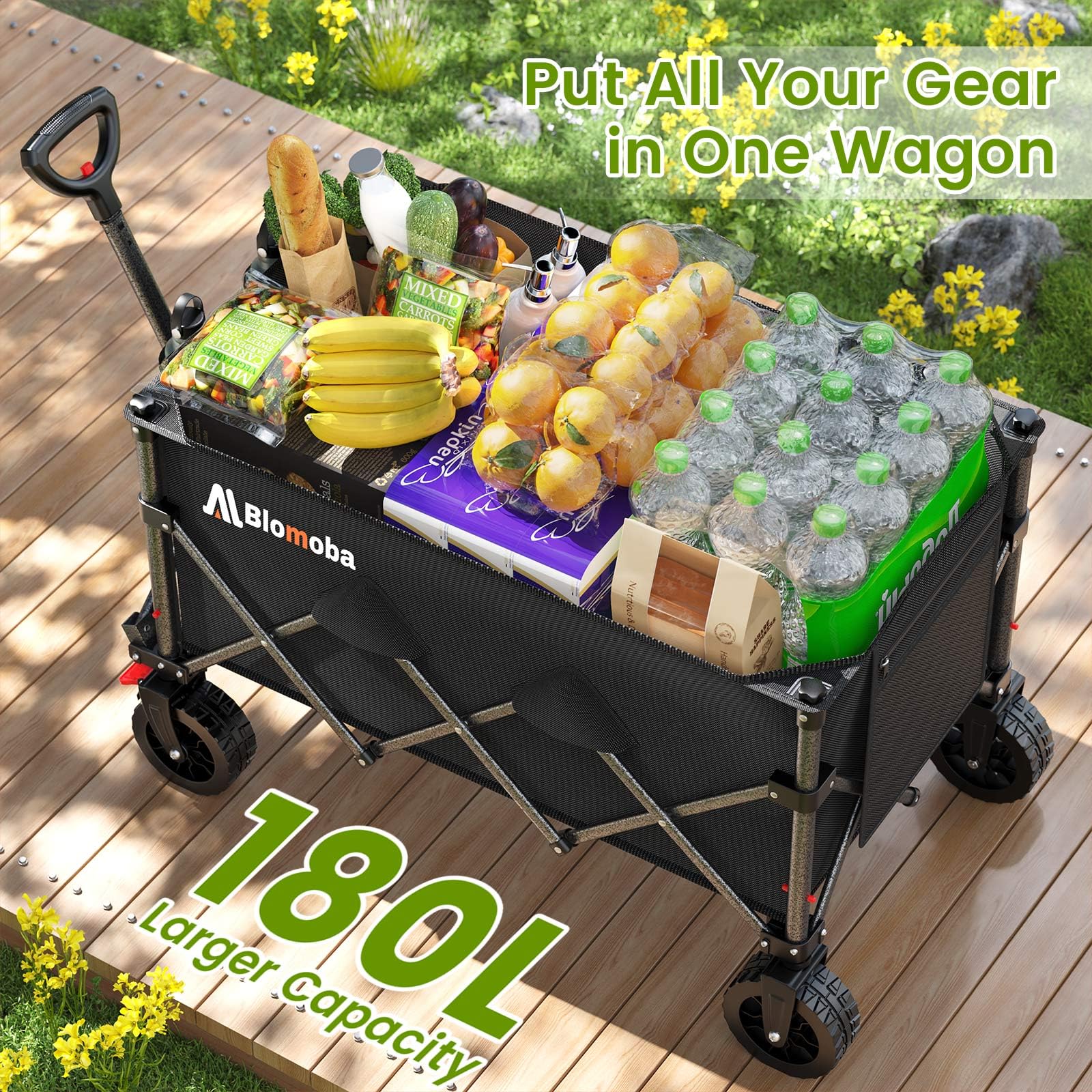 Blomoba wagon frame made of heavy-duty carbon steel for durability.