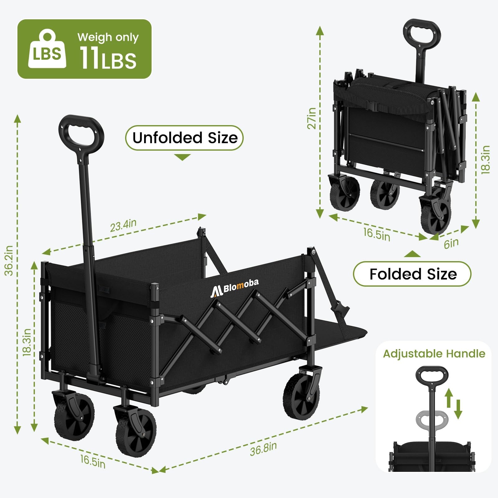 Blomoba folding wagon rugged waterproof finish ideal for outdoor use.