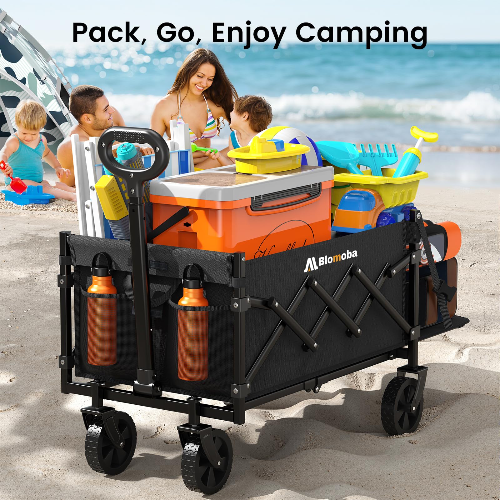 Blomoba folding wagon versatile for camping, shopping, and gardening.