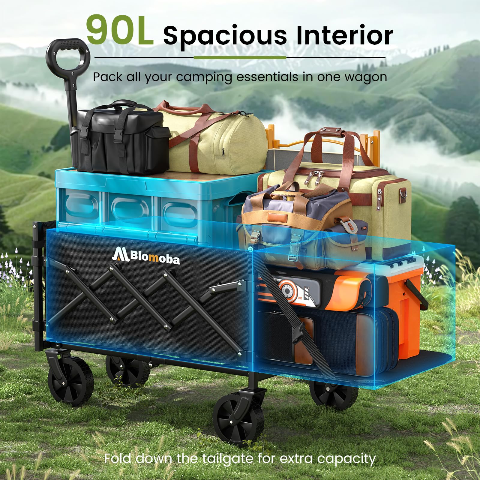Blomoba folding wagon tailgate design supports oversized items for flexible loading.