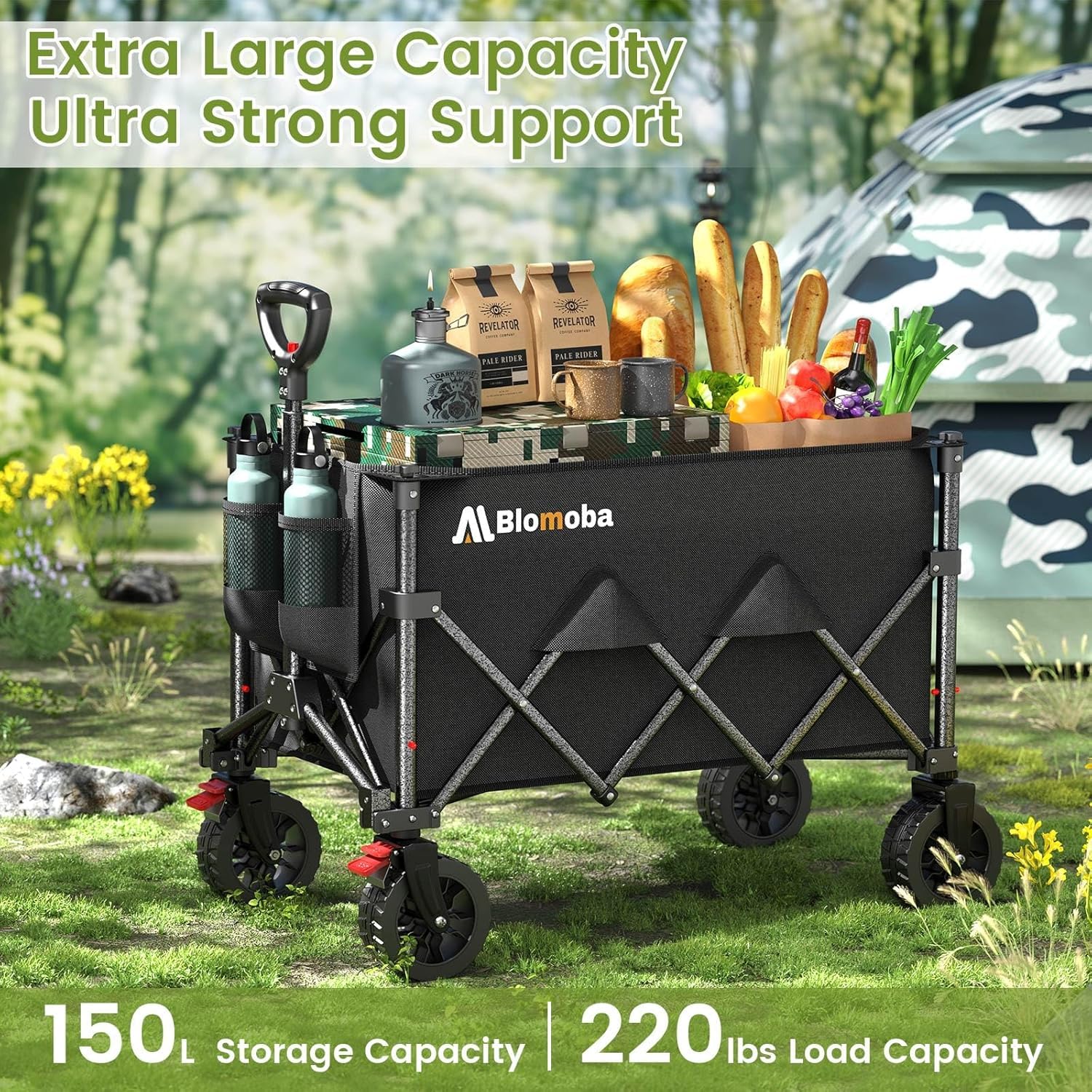 Blomoba front wheels with 360-degree rotation and brakes for safe parking.