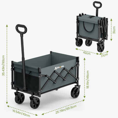 Blomoba wagon on camping trips with tents, chairs, and gear.