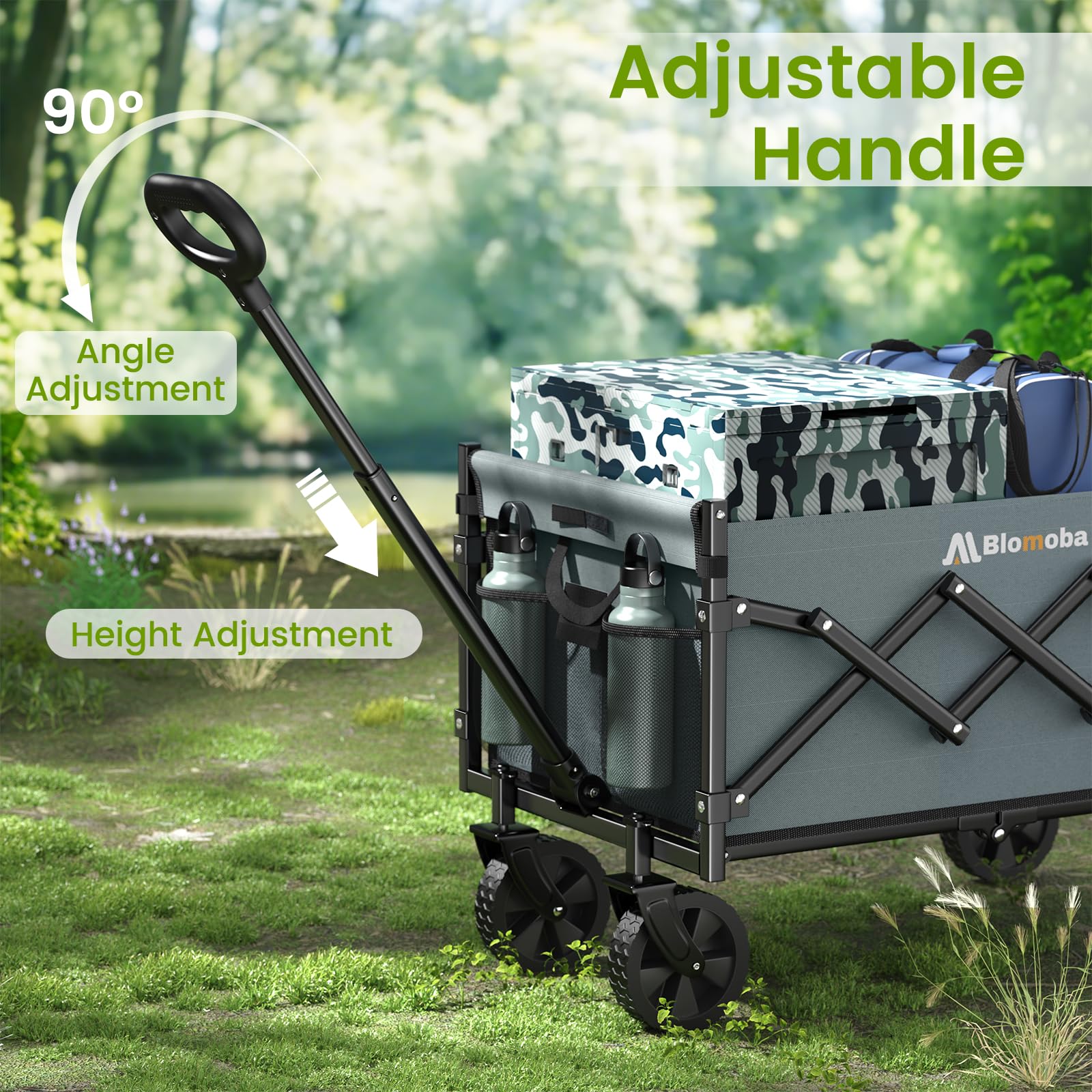 Blomoba wagon 300D Oxford fabric resists water and scratches for outdoor use.