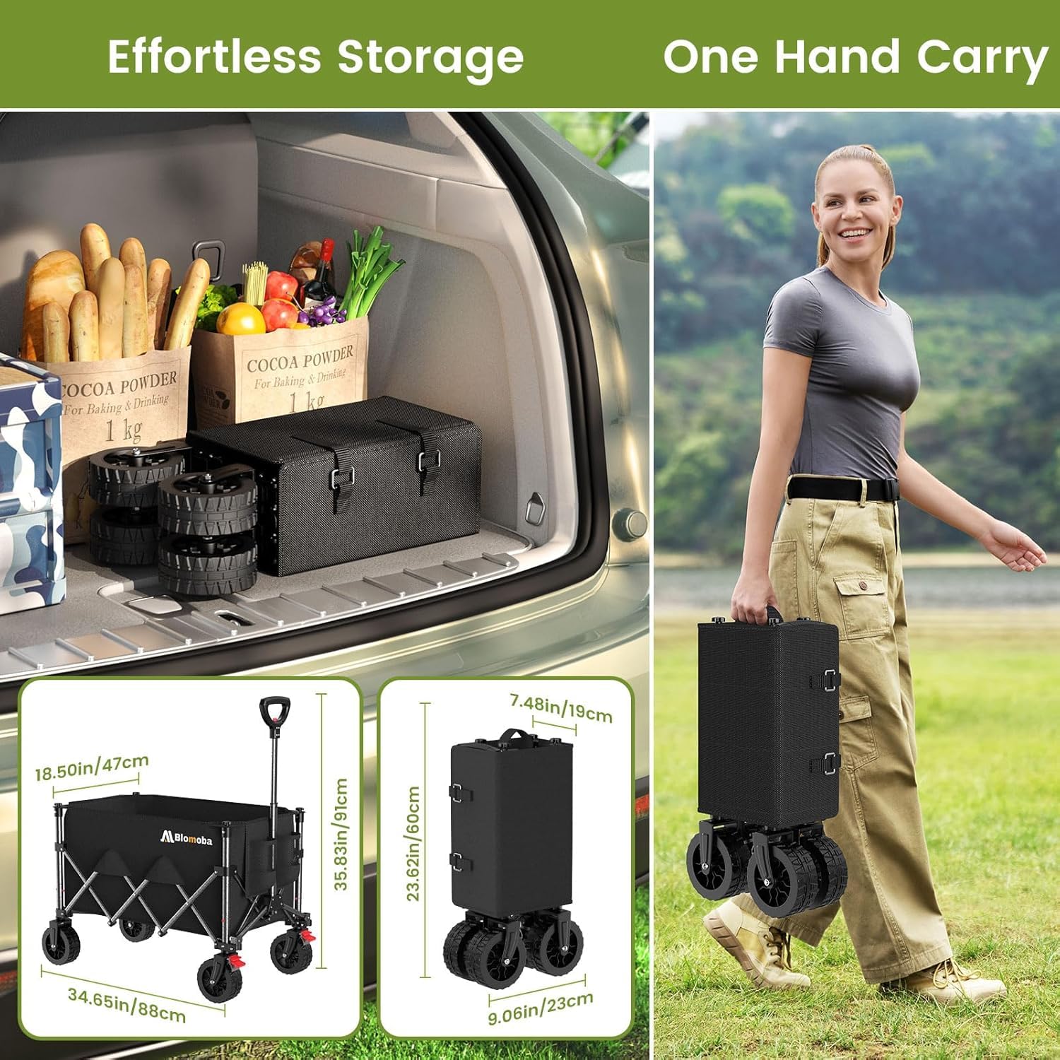 Blomoba wagon cart with 6-inch wider wheels for rugged terrain.