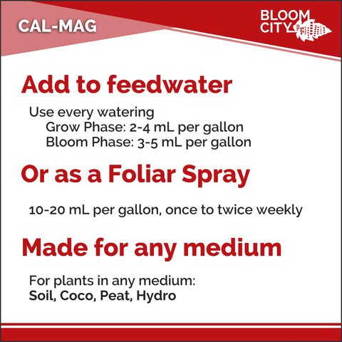 Bloom City Cal-Mag label closeup highlights calcium and magnesium content.
