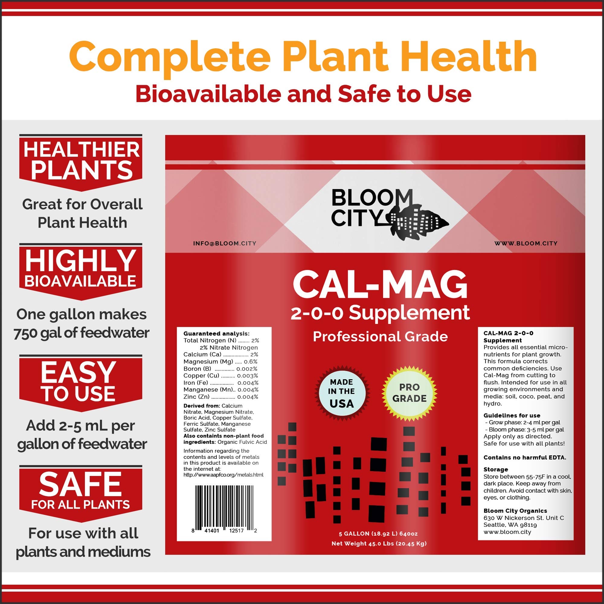 Close view of Bloom City Cal-Mag label detailing contents and usage guidance.