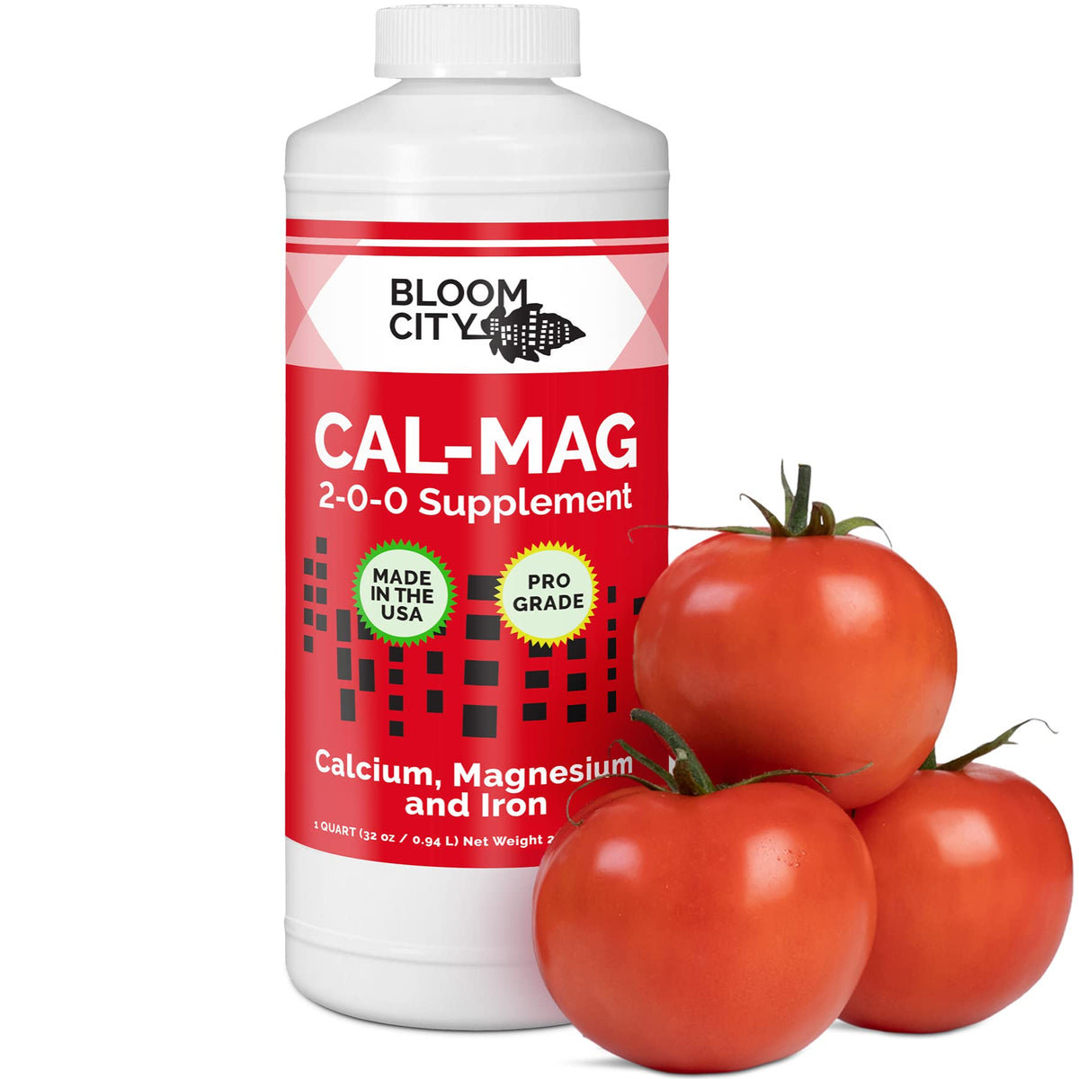 Bloom City Cal-Mag bottle front view supports strong stems and vibrant leaves.