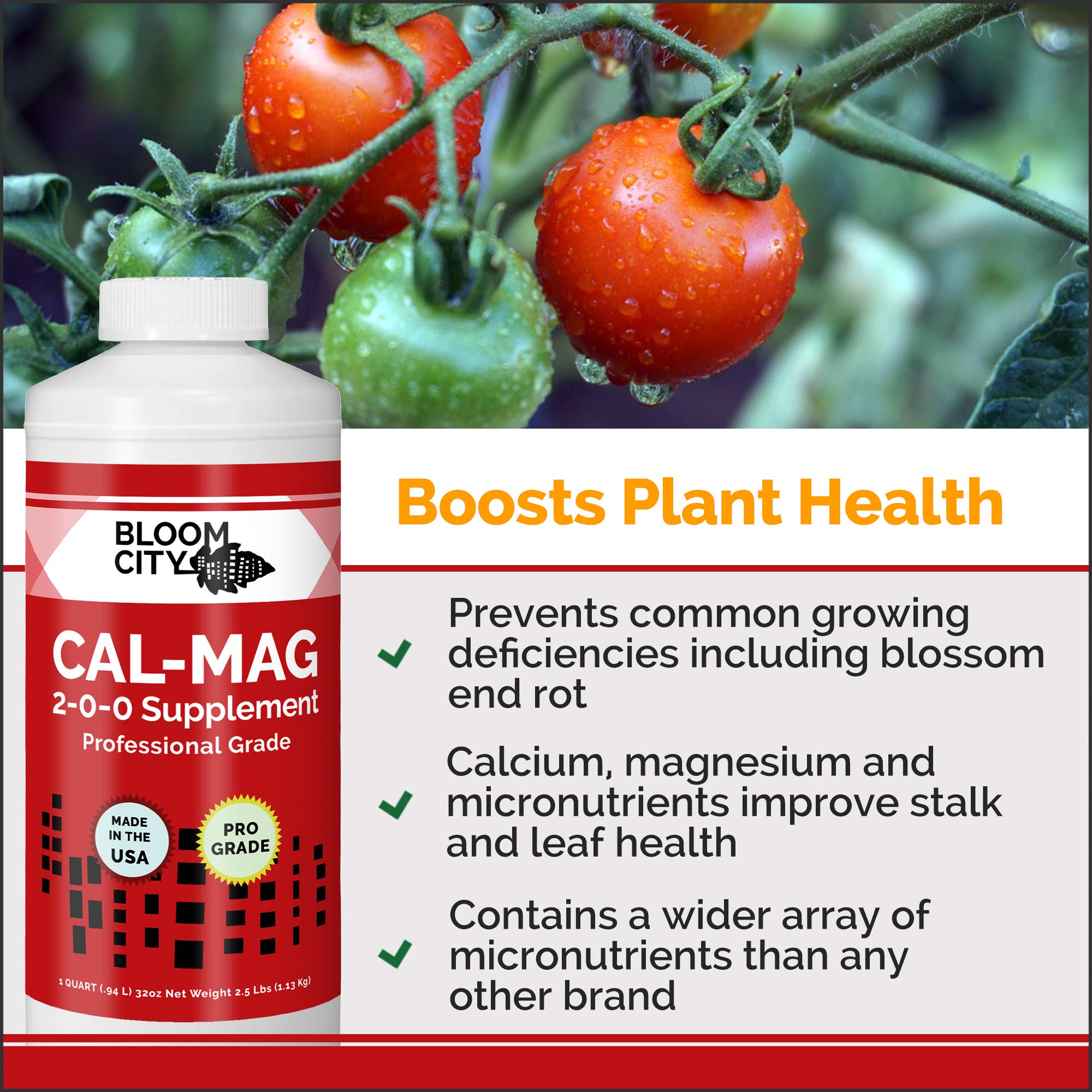 Bloom City Cal-Mag label close-up with clear nutrient details for indoor and outdoor use.