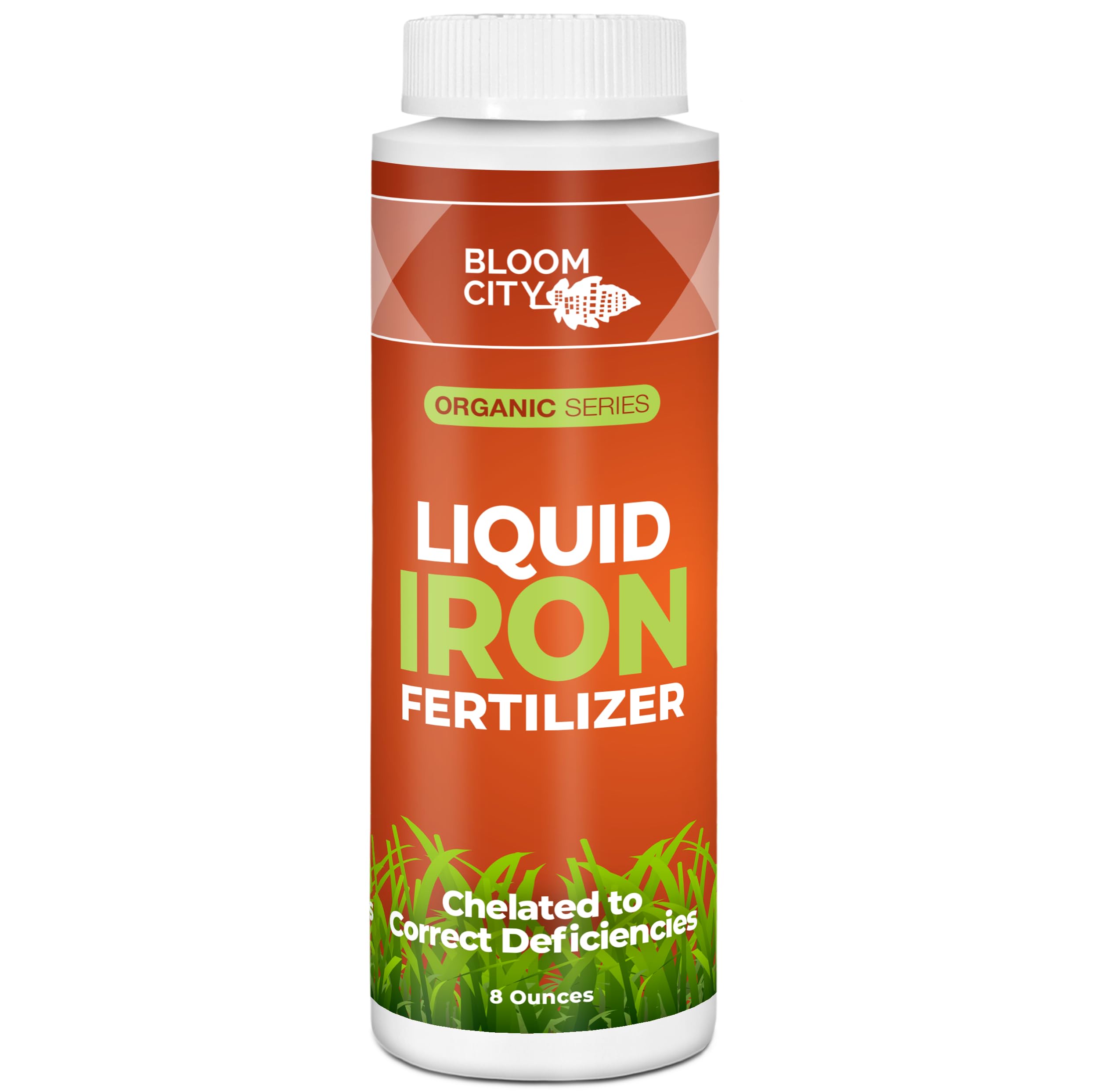 Bloom City Chelated Liquid Iron bottle close-up showing the brand and fast uptake potential.