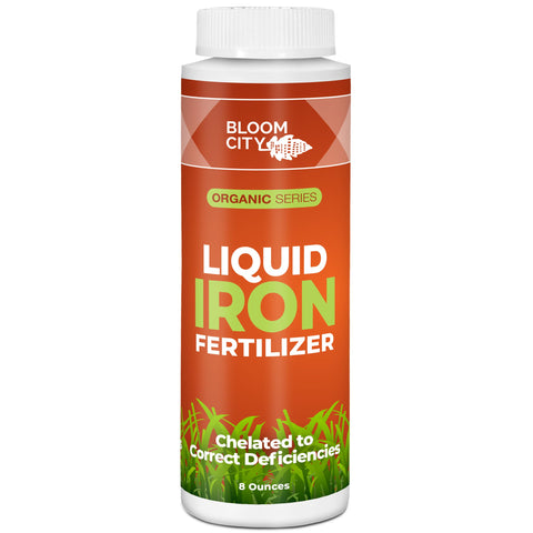 Bloom City Chelated Liquid Iron bottle close-up showing the brand and fast uptake potential.