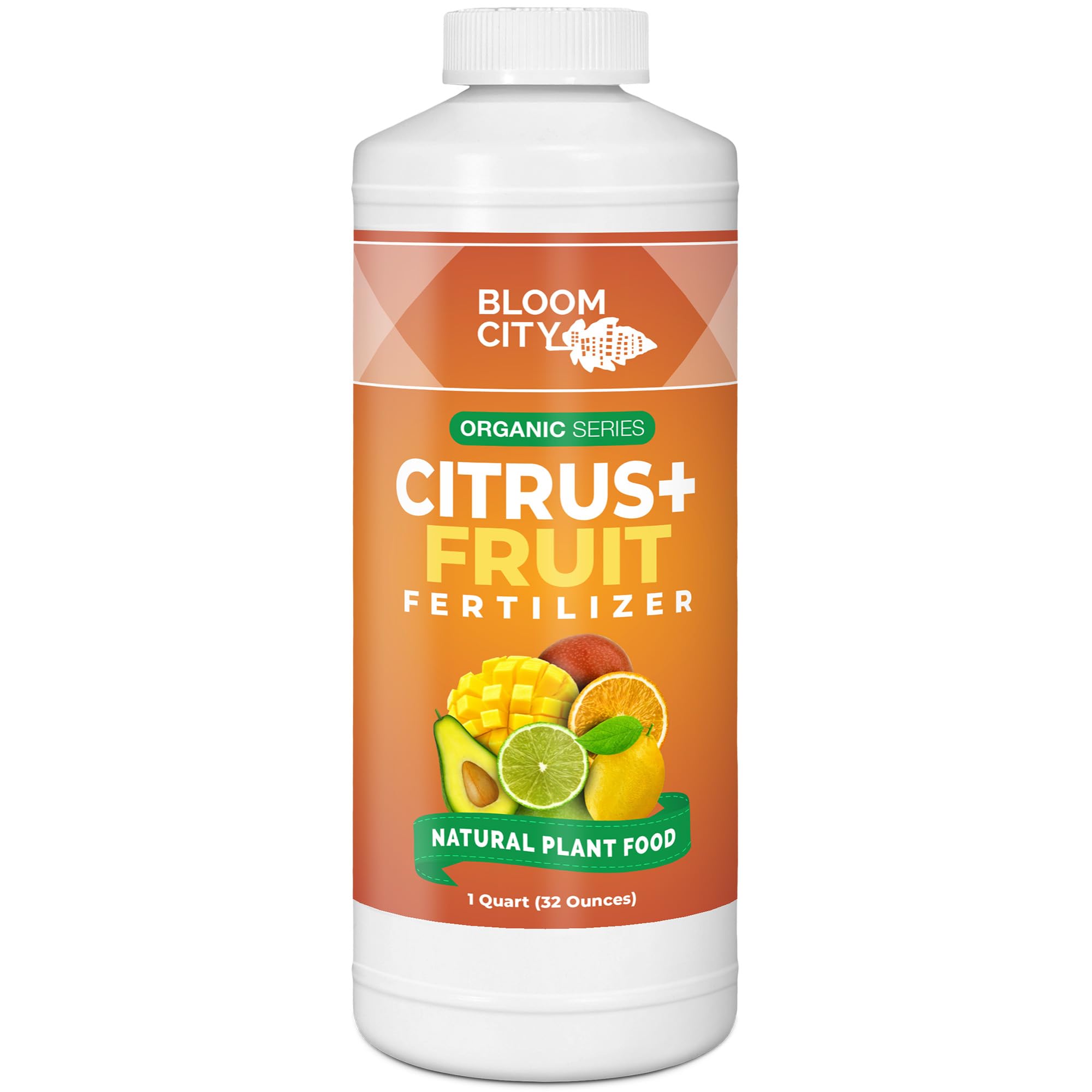 Bloom City Citrus & Fruit Fertilizer bottle being poured to nourish citrus trees.