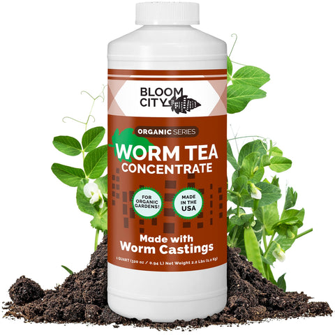 Bloom City Earthworm Tea Concentrate bottle ready for soil application to boost soil health.