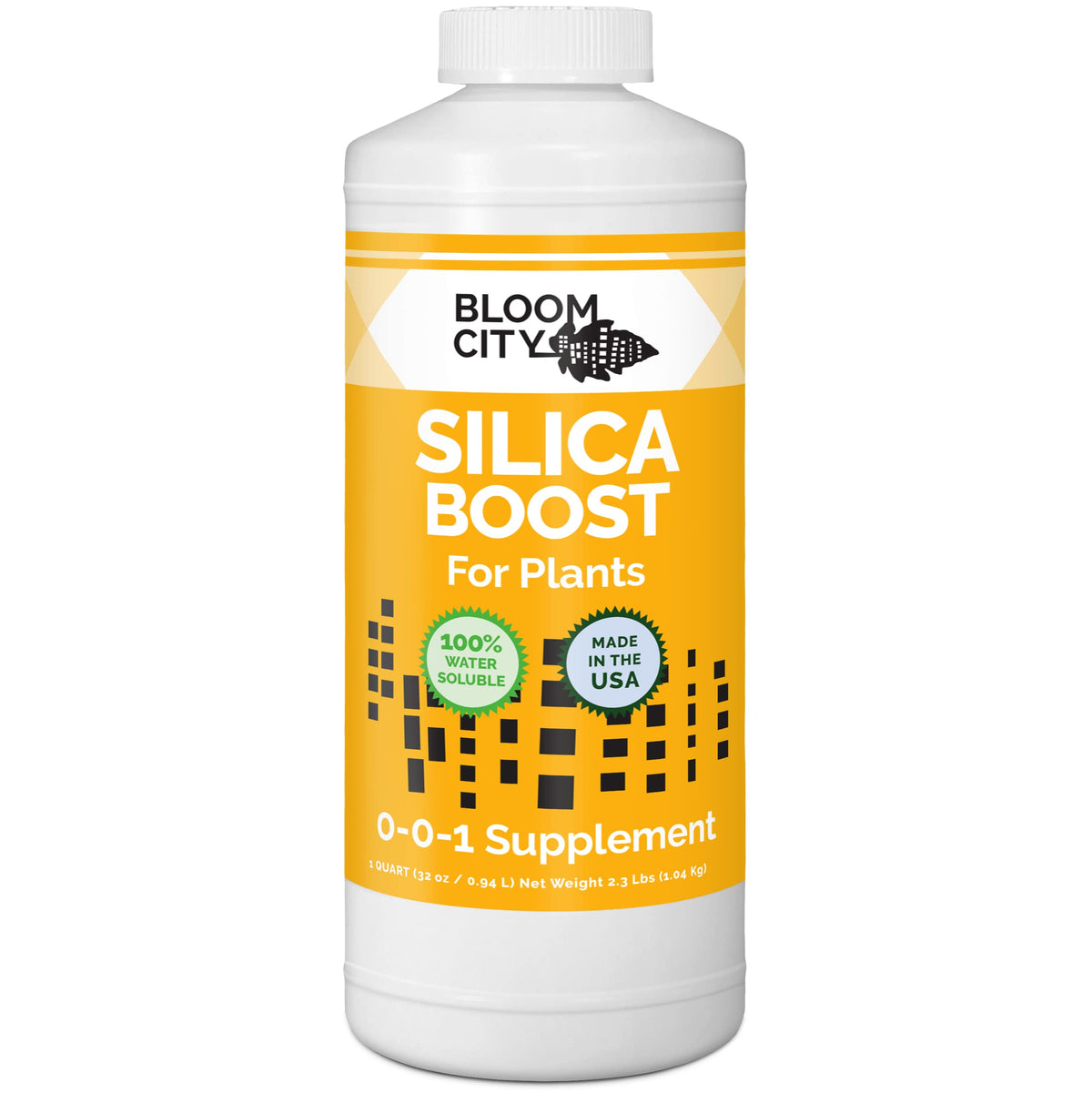 Bloom City Liquid Silica bottle closeup highlighting sturdy plant strength and premium formula