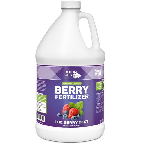 Bloom City Organic Berry Fertilizer bottle pour supports easy feeding for bigger berries.