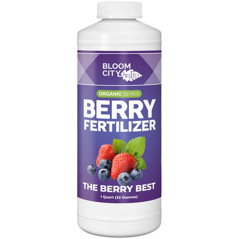 Bloom City Organic Berry Fertilizer bottle promotes healthier berries with rich, balanced feed.