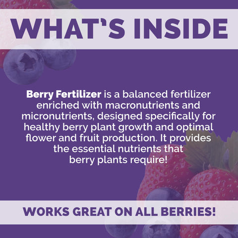 Bloom City Organic Berry Fertilizer label emphasizes balanced nutrition for steady berry growth.