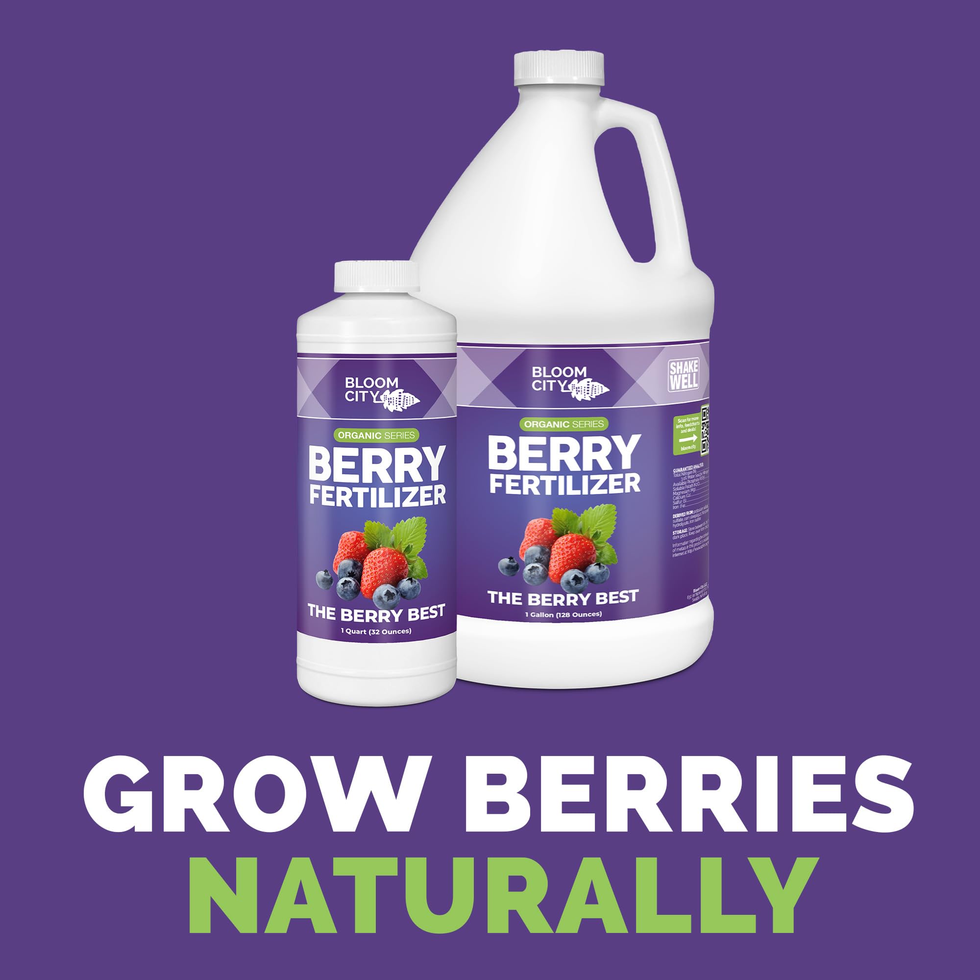 Bloom City Organic Berry Fertilizer bottle features a convenient pour spout for easy dosing.