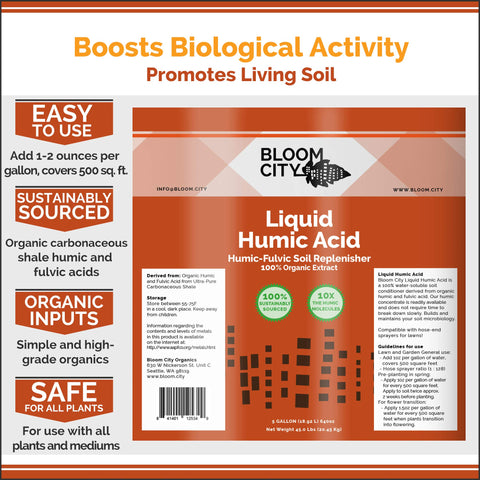 Bloom City Organic Liquid Humic lawn application improves soil texture and water retention